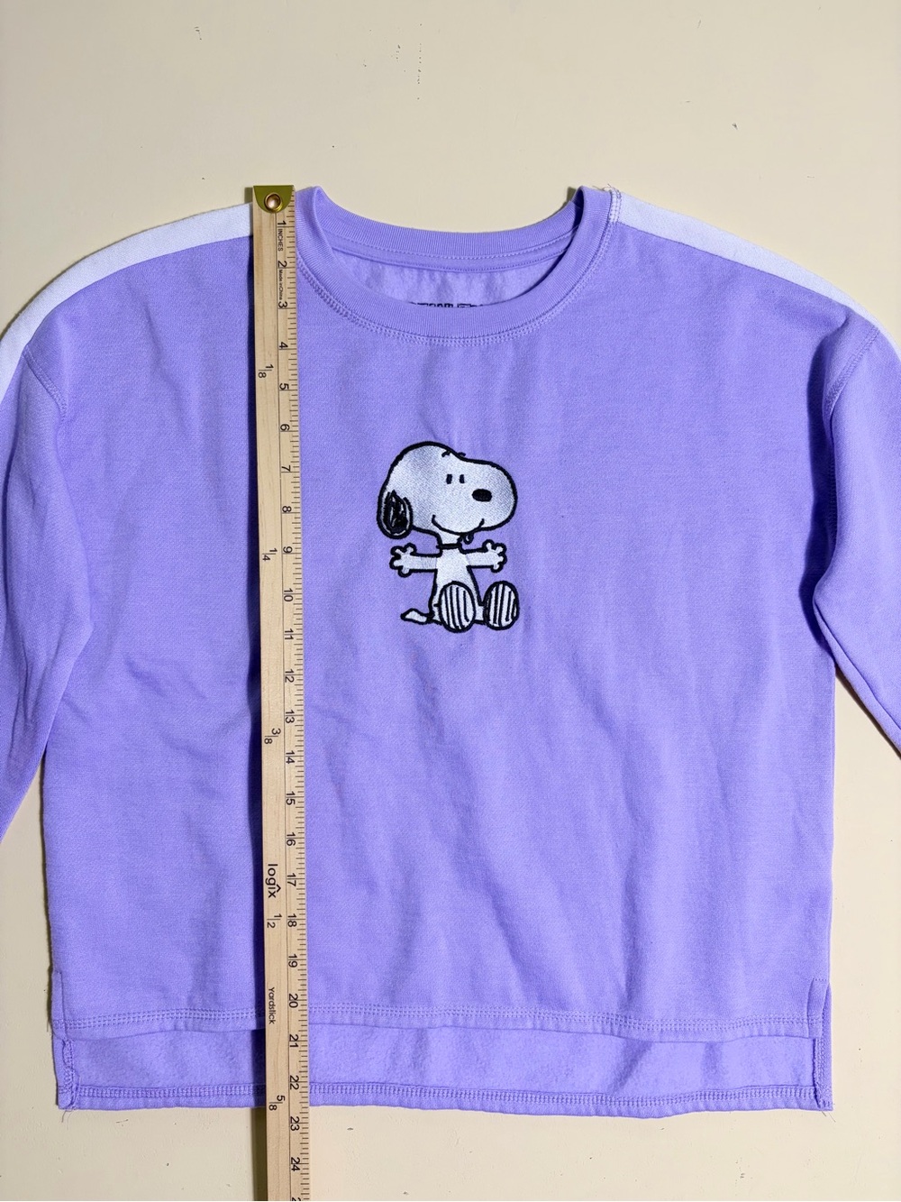 Peanuts Snoopy Purple Cropped Sweatshirt Size M Embroidered Stripe Casual Cozy - Picture 6 of 7